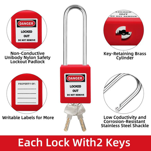 Red Lockout Tagout Padlock Set, 5 Piece Safety Locks Keyed Differently, OSHA Compliant Electrical Lockout Kit With 2 Keys Each, Lightweight Nylon Body Locks For Industrial Safety