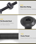 Fifty Piece M6 X Forty Millimeter Black Zinc Plated Hex Socket Crib Bolts With Matching Barrel Nuts And Hex Key For Rock Solid Furniture And Bed Frame Setup showing detailed flat rounded head and precise threads.