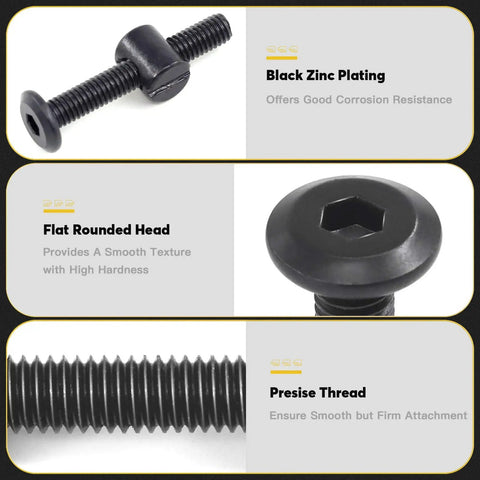 Fifty Piece M6 X Forty Millimeter Black Zinc Plated Hex Socket Crib Bolts With Matching Barrel Nuts And Hex Key For Rock Solid Furniture And Bed Frame Setup showing detailed flat rounded head and precise threads.