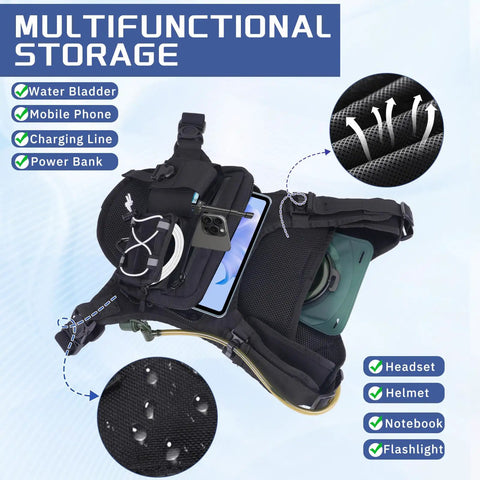 Hydration Chest Vest With 2L Water Bladder, showing multifunctional storage for mobile, power bank, charging line, breathable comfort.
