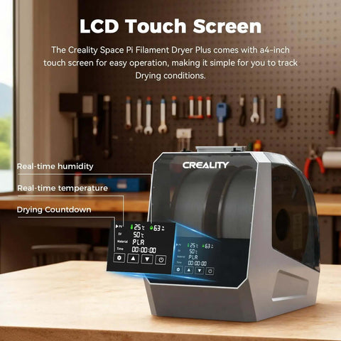 Space Pi Filament Dryer Plus For 3D Printers with LCD screen, showing real-time humidity and temperature settings, dual 1 kg capacity.
