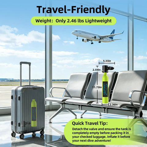 Airport lounge with suitcase and Compact 0.5L Mini Scuba Tank Portable Reusable Underwater Breathing Pony Bottle With DOT Certification