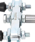 Built Tough Double Headed Toggle Clamp, Heavy Duty Push Pull Clamp With 600kg Clamping Force For Woodworking Jigs And Fixtures, Welding And Drill Press, Red Oil And Dust Proof Handles, Blue Galvanized Carbon Steel Construction, close-up view showing dual heads and bolts.