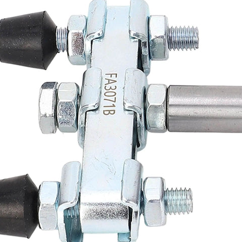 Built Tough Double Headed Toggle Clamp, Heavy Duty Push Pull Clamp With 600kg Clamping Force For Woodworking Jigs And Fixtures, Welding And Drill Press, Red Oil And Dust Proof Handles, Blue Galvanized Carbon Steel Construction, close-up view showing dual heads and bolts.
