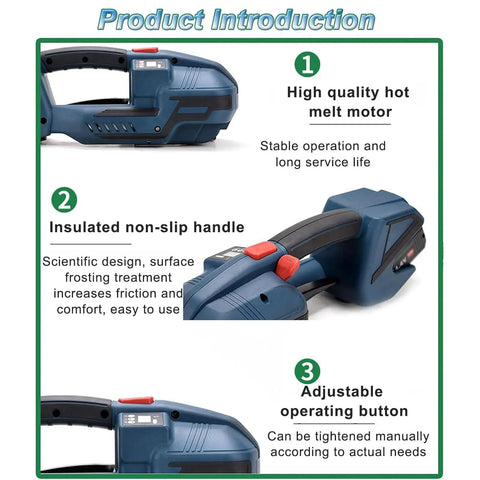 Kick Butt On Pallet Jobs With This Heavy Duty Semi Automatic Strapping Machine For Pp Pet Cartons Using A 4000Mah Battery And Smart Tension That Heat Welds Bands Super Smooth And Zero Hassle, showing insulated handle and operating buttons.