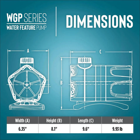 Diagram showing dimensions of Heavy-Duty Dual Discharge Submersible Pond Pump For Ponds, Waterfalls And Fountains, 1900 GPH.