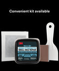 All In One Wall Fix Kit With Primer Enhanced Spackling Compound Putty Knife Sanding Sponge And Self Adhesive Patch For Holes Up To Three Inches In Drywall Plaster Or Painted Surfaces showing spackling compound, putty knife, and patch.
