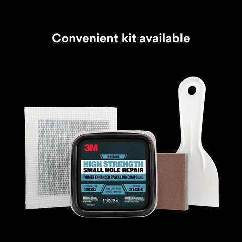 All In One Wall Fix Kit With Primer Enhanced Spackling Compound Putty Knife Sanding Sponge And Self Adhesive Patch For Holes Up To Three Inches In Drywall Plaster Or Painted Surfaces showing spackling compound, putty knife, and patch.
