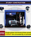 Heavy Duty 15 HP Rotary Screw Air Compressor, 56 CFM At 125 PSI, 230V 3 Phase, Fixed Speed Industrial Grade