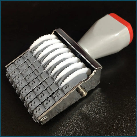 Top Shelf Eight Digit Roller Stamp With Changeable Number Wheels And Multi Function Rubber Design, showing detailed number dials.