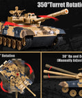 Detailed views of Rad 1/24 Scale RC Battle Tank With 2.4GHz Infrared Control showing turret with 350-degree rotation capability.