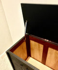 Open cabinet showing Soft Close Lid Support System With 250N Gas Struts, Heavy Duty Hinges, Safety Pneumatic Lid Lifters.