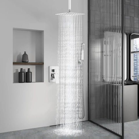 Ceiling Mount Shower System With Rain Head And Handheld Spray High Pressure Chrome Faucet Set with water flow visible