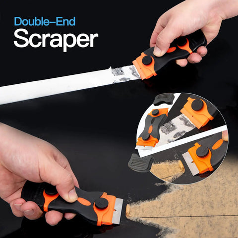 Double-end scraper in use, featuring black and orange ergonomic handle, ideal for paint removal and cleaning surfaces.