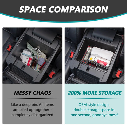 Ford Explorer Console Organizer Tray For 2020 Through 2026 Deep Armrest Storage Box With Coin Holder And Non Slip Mats Red Interior 6th Gen Accessories Perfect Fit Custom Designed For Maximum Accessibility Easy Install showing space comparison