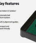 Corner of Portable Golf Putting Mat With Auto Ball Return And Built In Alignment Guides For Indoor Practice next to key features list.