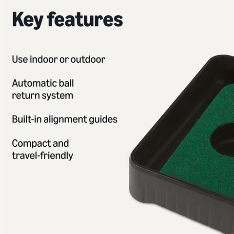 Corner of Portable Golf Putting Mat With Auto Ball Return And Built In Alignment Guides For Indoor Practice next to key features list.