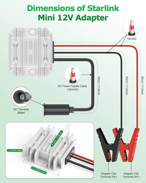 12V To 30V DC Boost Converter For Satellite Internet Modems wiring diagram with dimensions and cable specifications.