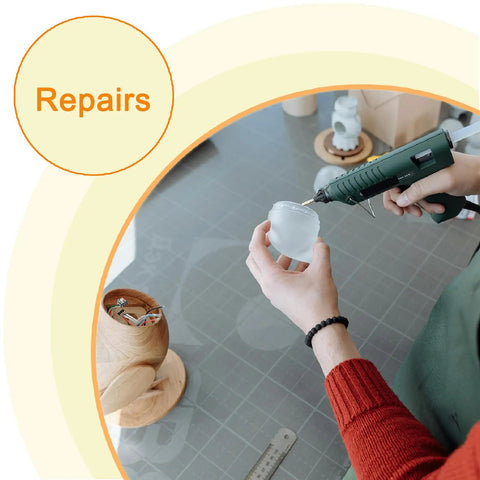 Person using hot glue gun for repairs, featuring Black Hot Glue Sticks 12 Pack For Hot Glue Gun, 8 Inch Long 0.43 Inch Diameter