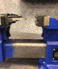 4 Inch Vise Mount Press Brake Bender Attachment for Sheet Metal Cross Slide mounted on a blue steel vise.