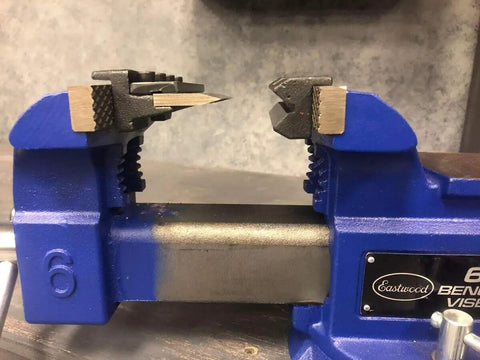 4 Inch Vise Mount Press Brake Bender Attachment for Sheet Metal Cross Slide mounted on a blue steel vise.