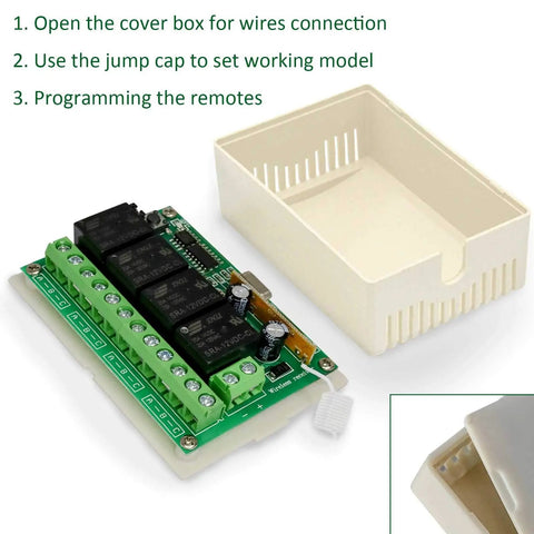 12V Wireless Relay Remote Switch Kit With 4 Channel Relay Module 433MHz Transmitter Receiver in open casing view