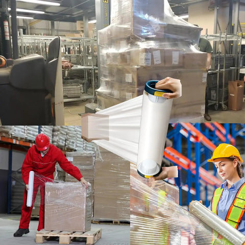 Stretch Wrap Dispenser With Brake And Comfort Grip in warehouse and industrial use wrapping pallets and boxes