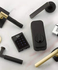 Heavy Duty Motorized Touchscreen Keypad Smart Deadbolt Hooks Up To August Wifi Bridge And DoorSense For Absolute Zero Fuss Auto Lock Home Security Constructed In Rich Oil Rubbed Bronze with black and gold handles.