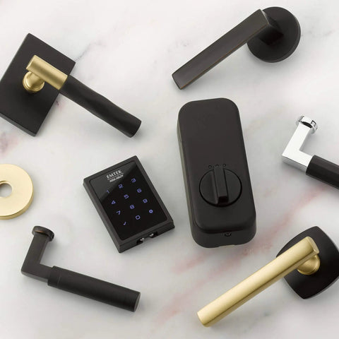 Motorized Touchscreen Smart Deadbolt With Wifi Enabled Keyless Entry Lock In Satin Nickel Finish And August Connected Security System displayed with hardware