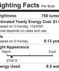 Lighting facts label for 60 Watt Equivalent A19 Led Light Bulbs 2700K Soft White Non Dimmable 9W Energy Saver With E26 Medium Base