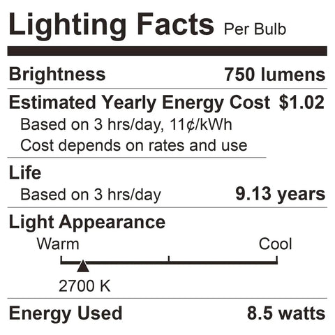 Lighting facts label for 60 Watt Equivalent A19 Led Light Bulbs 2700K Soft White Non Dimmable 9W Energy Saver With E26 Medium Base