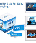 Lens cleaning wipes kit in blue and white box with individual sachets; glasses and camera lens nearby