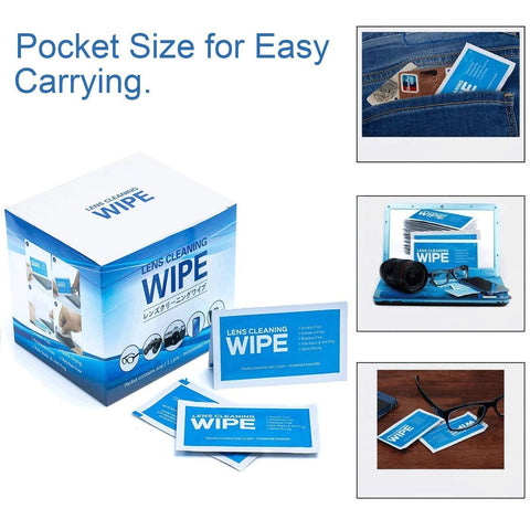 Lens cleaning wipes kit in blue and white box with individual sachets; glasses and camera lens nearby