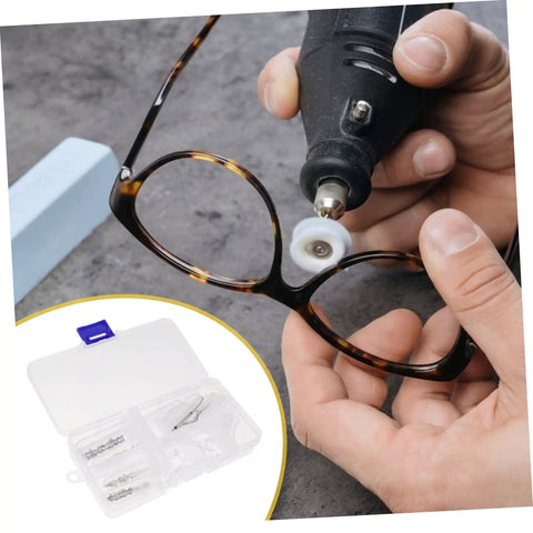 Person using a tool on eyeglasses with Eyeglass Repair Kit Three Set With Nose Pads Screws And Ear Grips For Quick Fixes And Easy Accessories Storage visible in the corner