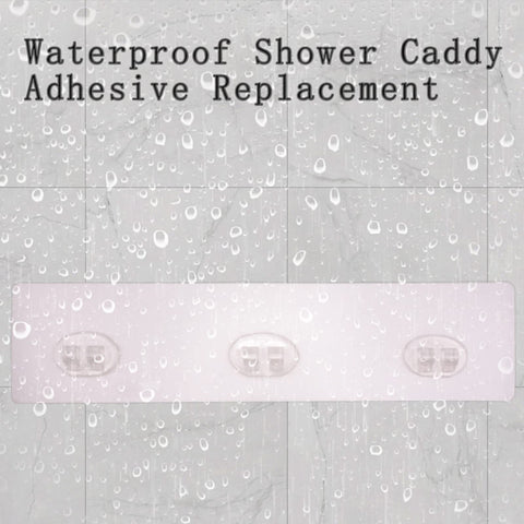 Two Pack Transparent Shower Caddy Adhesive Pads For Replacement No Drilling Strong Wall Mount Sticky Pads shown on wet tiles