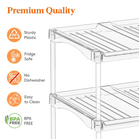 Close-up of Clear Three-Tier Stackable Bottle Organizer for Wine and Drinkware showing sturdy plastic shelves.