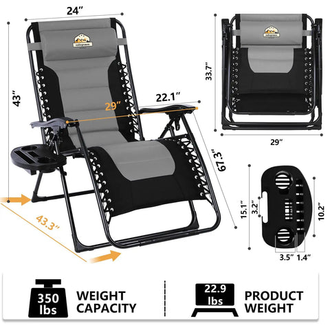 Oversized Padded Zero Gravity Lounge Chair With Cup Holder Foldable Patio Recliner For Camping Yard And Outdoor Use Built With Heavy Duty Steel Frame And Cushioned 600D Oxford Fabric Supports Up To 350 Lbs Black, shown folded and unfolded with measurements.
