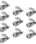 10 Pack Straight Stop Valves One Half Inch Nominal Compression From Five Eighths Inch OD To Three Eighths Inch OD One Quarter Turn Chrome Plated Lead Free Brass For Residential And Commercial Bathroom Kitchen Shower Applications No Nonsense. Displayed in a grid pattern with chrome finish.