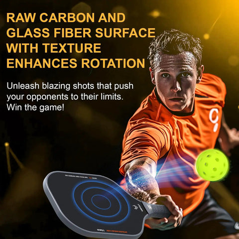 Action shot with Set Of 2 Pickleball Paddles With Raw Carbon And Glass Fiber Surface, player in orange shirt hitting a ball.
