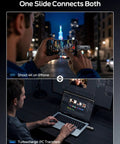 Person using 1TB Dual Port USB 3 Point 2 Gen 2 Type C And USB A External SSD Drive with push-pull design on iPhone and laptop.