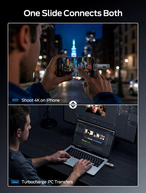 Person using 1TB Dual Port USB 3 Point 2 Gen 2 Type C And USB A External SSD Drive with push-pull design on iPhone and laptop.