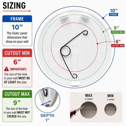 Sizing guide for Snap Right In And Plug That Hole Fast With This Heavy Duty Round Spring Access Panel For Drywall Ceiling crafted from durable ABS plastic.