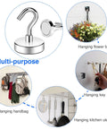 Heavy Duty Magnetic Hooks Set With 85lb Capacity in use for hanging flower basket, keys, handbags, kitchen utensils, industrial strength