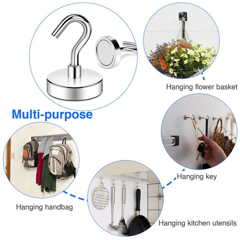 Heavy Duty Magnetic Hooks Set With 85lb Capacity in use for hanging flower basket, keys, handbags, kitchen utensils, industrial strength