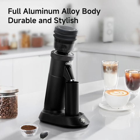 Badass Hella Precise Electric Burr Coffee Grinder With Robust Aluminum Body And Slick Single Dose Design Featuring 36 Crisp Grind Settings For Serious Home Baristas, close-up on stylish black aluminum frame.