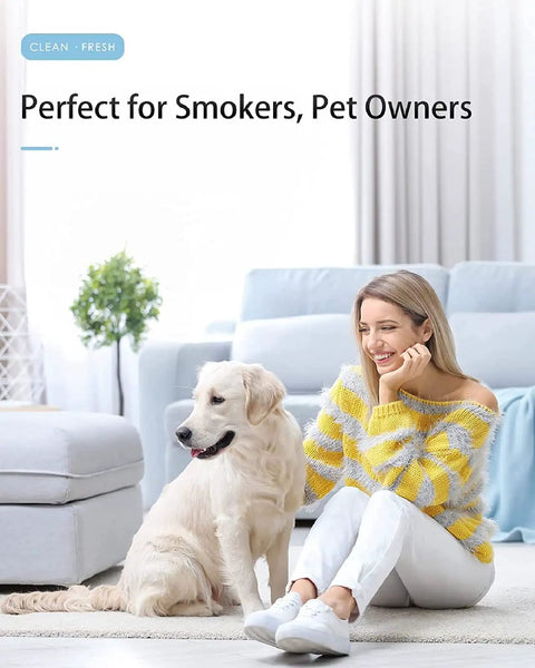 Woman with dog in living room, promoting Two Pack Replacement Filters For TT-AP001 And VAVA VA-EE014 Air Purifiers SPF Compatible