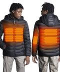 Lightweight Heated Jacket With 12V Power Bank, Six Zone Carbon Fiber Heating shown on a model, front and back view