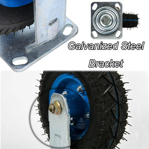 Badass Heavy Duty Top Rated Pneumatic Caster Wheels With Smooth Glide Swivel Rubber Tires For Indoor Outdoor Industrial Carts Workbenches Plus Workshop Products, galvanized steel bracket with rubber tire detail.