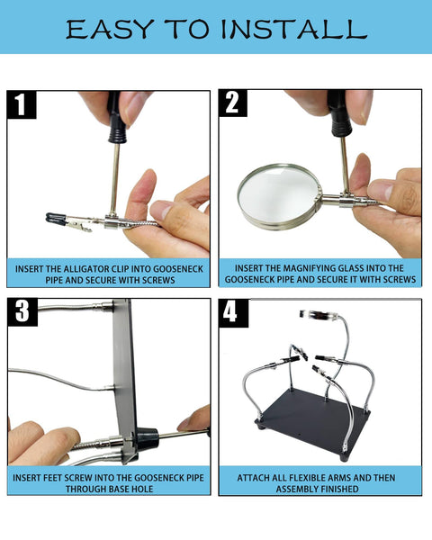 Step-by-step assembly of Helping Hands Soldering Station With Magnifying Glass 2.5X, 4 Flexible Arms PCB Holder Magnifier.