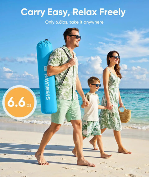 Family carrying Pop Up Beach Tent Sun Shelter For 3 To 4 People, No Fuss Portable Sun Shade Canopy With Carry Bag on beach